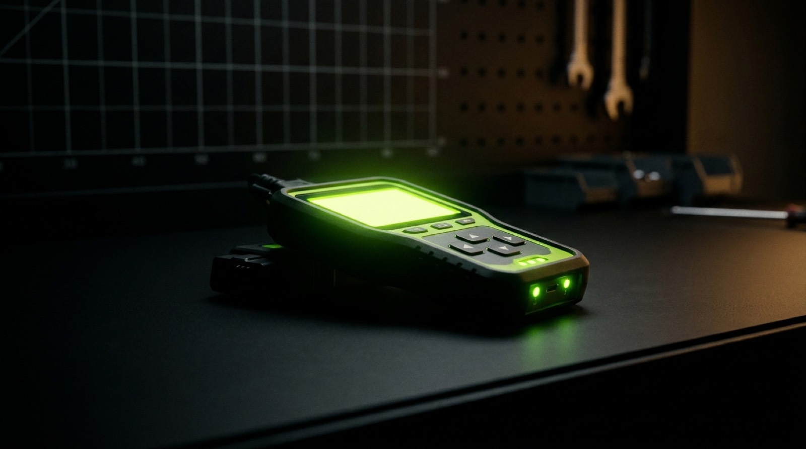 OBD-II scan tool glowing acid-green on a dark workshop bench